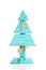 Blue homemade wooden Christmas Tree with burlap reindeer decoration - white background