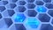 Blue honeycomb net with glowing atom symbols quantum computing c