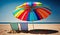 Blue horizon over water striped umbrella sandy beach generated by AI