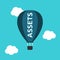 Blue hot air balloon with word assets on turquoise blue sky background. Wealth, investment and passive income concept. Flat design