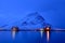 Blue Hour in Reine, Lofoten Archipelago, Norway in the winter time, water reflexion in Hamnoy