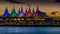 Blue Hour after the Sun has set over the Harbor and the Colorful Sails of Canada Place on the Waterfront of Vancouver, British Col