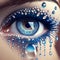 Blue human eye with many blue pearls, sapphire gemstones glued, close-up, unusual beauty design, Mike-up.