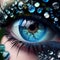 Blue human eye with many blue pearls, sapphire gemstones glued, close-up, unusual beauty design, Mike-up. For advertising make-up