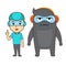 Blue human and gray monster