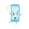 Blue humanized mobile phone with incoming call. Ringing smartphone. Cartoon character with happy face. Flat vector icon