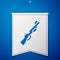 Blue Hunting gun icon isolated on blue background. Hunting shotgun. White pennant template. Vector