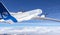 Blue Hydrogen filled H2 Aeroplane flying in the sky - future H2 energy concept