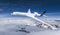 Blue Hydrogen filled H2 Aeroplane flying in the sky - future H2 energy concept