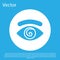 Blue Hypnosis icon isolated on blue background. Human eye with spiral hypnotic iris. White circle button. Vector