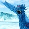 Blue ice dragon on frozen land close up