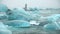 Blue Iceberg in Foggy Glacier Lagoon, Pure Nature in Iceland. Beautiful Natural Miracle in North Country. Blue Ice Is