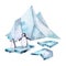 Blue iceberg and ice floes with penguins watercolor illustration isolated on white background. Northern sea element.