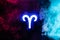 Blue illuminated Aries zodiac sign with colorful smoke