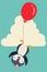 Blue illustration of cute penguin flying with red balloon in sky