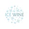 Blue illustration of ice wine. Flat round poster, sticker or logo. Cartoon snowflakes, snowballs and text. Hand drawn vector drink
