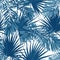 Blue indigo summer tropical camouflage with palm leaves. Seamless vector pattern.