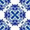 Blue indigo watercolor hand painted damask pattern seamless. Azulejo tile