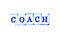 Blue ink of rubber stamp in word coach on white paper background