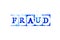 Blue ink of rubber stamp in word fraud on white paper background