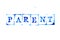 Blue ink of rubber stamp in word parent on white paper background