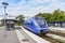 Blue interurban train PÃ¥gatÃ¥g arriving Ystad station