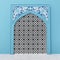 Blue Islamic Arch With Traditional Floral Design On Top And Arabesque Pattern Frame