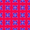 Blue Japanese ninja shuriken icon isolated seamless pattern on red background. Vector