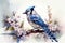 Blue Jay Bird Perching on a Cherry Tree. Watercolor Illustration . AI generated Illustration