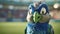 Blue Jay Mascot Supporting Soccer Team In Cinematic Stadium