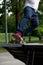 Blue Jeans Boy Riding a Skateboard in Skatepark on an Half Pipe