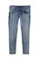 Blue jeans trousers isolated on white background. Fashionable denim pants for woman. Front view
