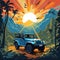blue jeep car with palm trees on the mountain sunsetting and birds flying