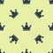 Blue Jester hat with bells isolated seamless pattern on yellow background. Clown icon. Amusement park funnyman sign