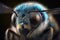 blue jewel bee, Closeup of face fluffy head of bee. Generative Ai