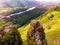 Blue Katun river and Chertov palets Altai mountains republic Russia, aerial top view