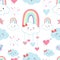Blue kawaii seamless pattern with rainbow,cloud and heart element