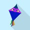 Blue kite with eyes icon, flat style