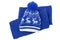 Blue knitted scarf winter clothes bobble hat isolated white background