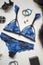 Blue lace lingerie on the white background with fasion women accessories. woman underwear