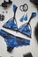 Blue lace lingerie on the white background with fasion women accessories. woman underwear