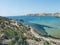 Blue lagon beach at Gozo island and floating sailboat