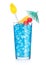 Blue lagoon cocktail highball glass with stirrer and orange slice with sweet cherry and umbrella on white. Vodka and blue curacao