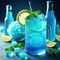 Blue Lagoon drink, lemon syrup, lemon soda, blue dye, ice, drinks concept