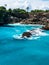 Blue lagoon with palms growing on the cliff