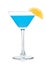 Blue lagoon summer cocktail in martini glass with orange slice on white