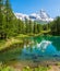 Blue Lake with the Matterhorn reflecting on the water, Valtournenche, Aosta Valley, Italy.