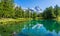 Blue Lake with the Matterhorn reflecting on the water, Valtournenche, Aosta Valley, Italy.