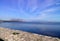 Blue lake of Mesologi, Greece. Misty landscape.