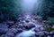 Blue landscape with river and cold winter light. Night and mystical atmosphere, magical and haunting. Ordesa Pyrenees